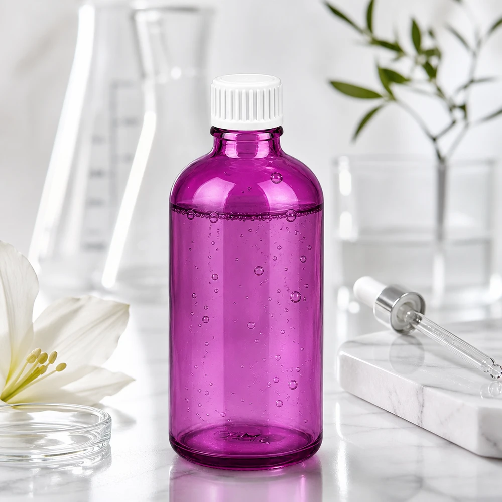 100ml (bol)fles 3mm schenkring wit Standaard PurpleLine. UT18/100 Hoogwaardige violet glazen fles 100ml voor UV-bescherming van lichtgevoelige stoffen