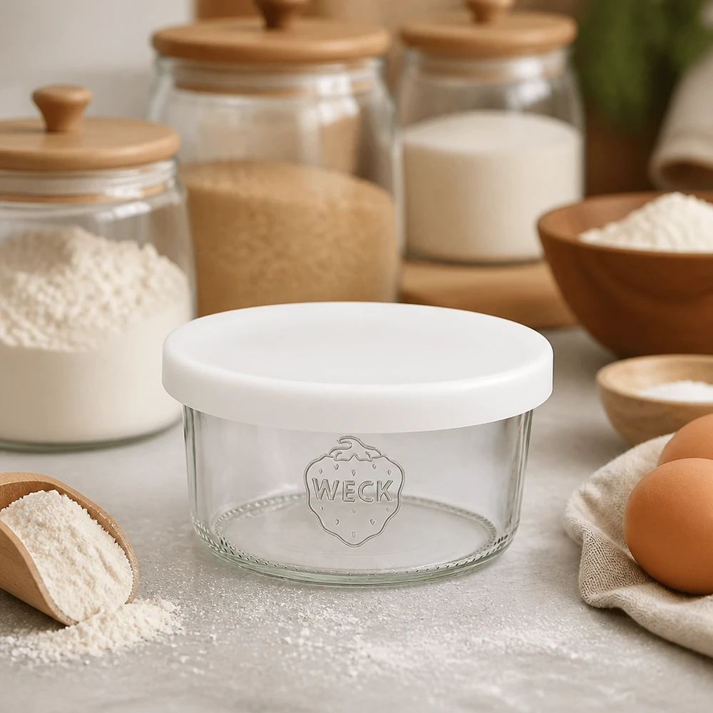 WECK 165ml RR80 trommels met wit siliconen deksel in de keuken tussen bakingrediënten, bloem, eieren en voorraadpotten
