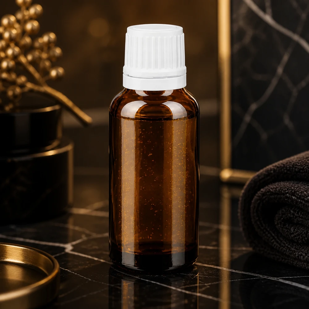 Elegante apothekersdruppelfles van 20 ml, gemaakt van bruin borosilicaatglas, met kindveilige dop