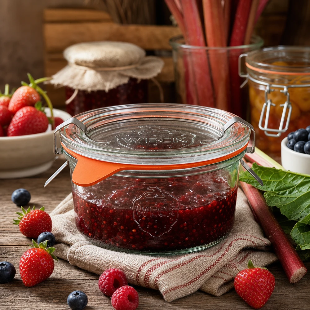 WECK 165 ml RR80 pot gevuld met bessenjam omringd door verse aardbeien en bosbessen op een houten tafel
