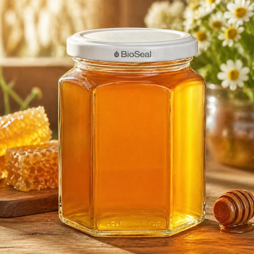 UNiTWIST Hexa288 honingpot gevuld met gouden honing naast honingraat en honinglepel op houten tafel