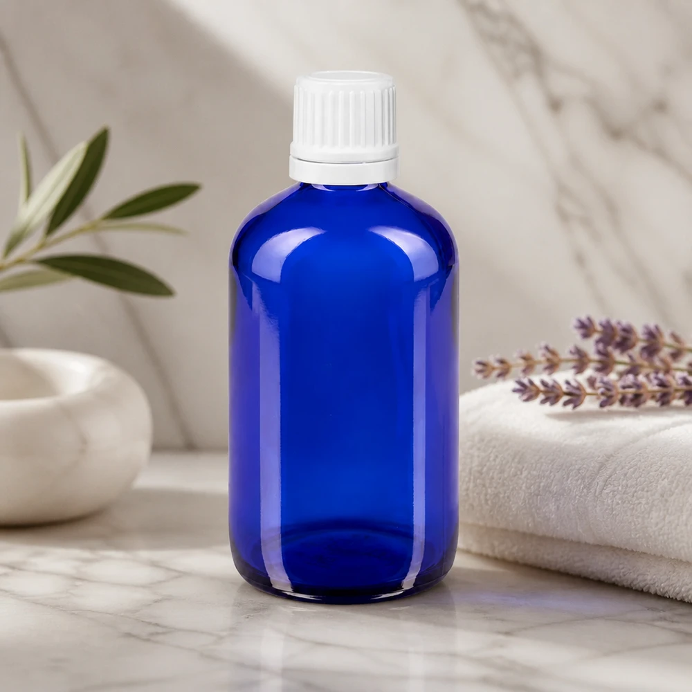 Blauwe glazen flessen 100ml met wit druppelsluiting 1.2mm VR Blauwe medicijnfles van 100 ml, van glas, met UV-bescherming en een nauwkeurige druppelaar van 0,7 mm