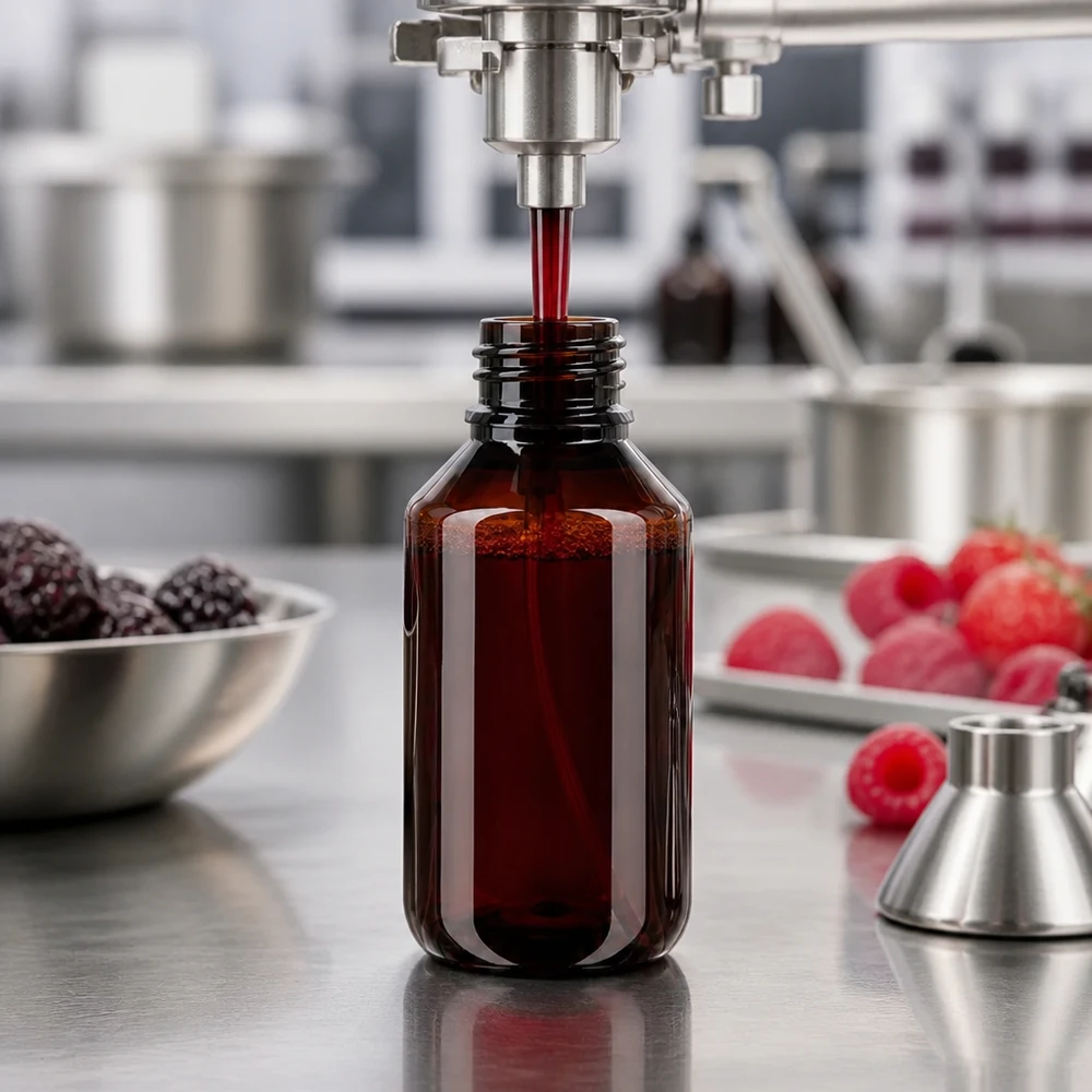 Präzise Dosieranlage füllt roten Pflanzenextrakt in kompakte 100ml PET Flasche