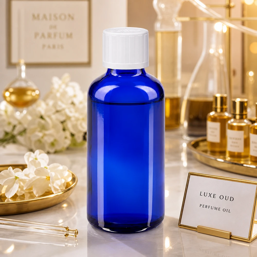 Hoogwaardige blauwe glazen fles van 50 ml met witte KiSi-dop voor etherische oliën en parfum