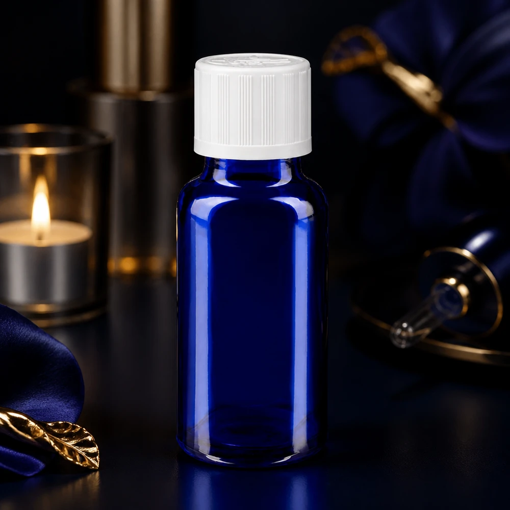 Kobaltblauw flesje van 20 ml met kindveilige sluiting in een elegante nachtblauwe uitvoering