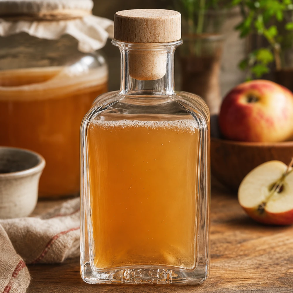 200ml glazen fles Clara gevuld met appelsap houten kurk appelschijfjes rustieke keuken natuurlijke sappen decoratieve fles