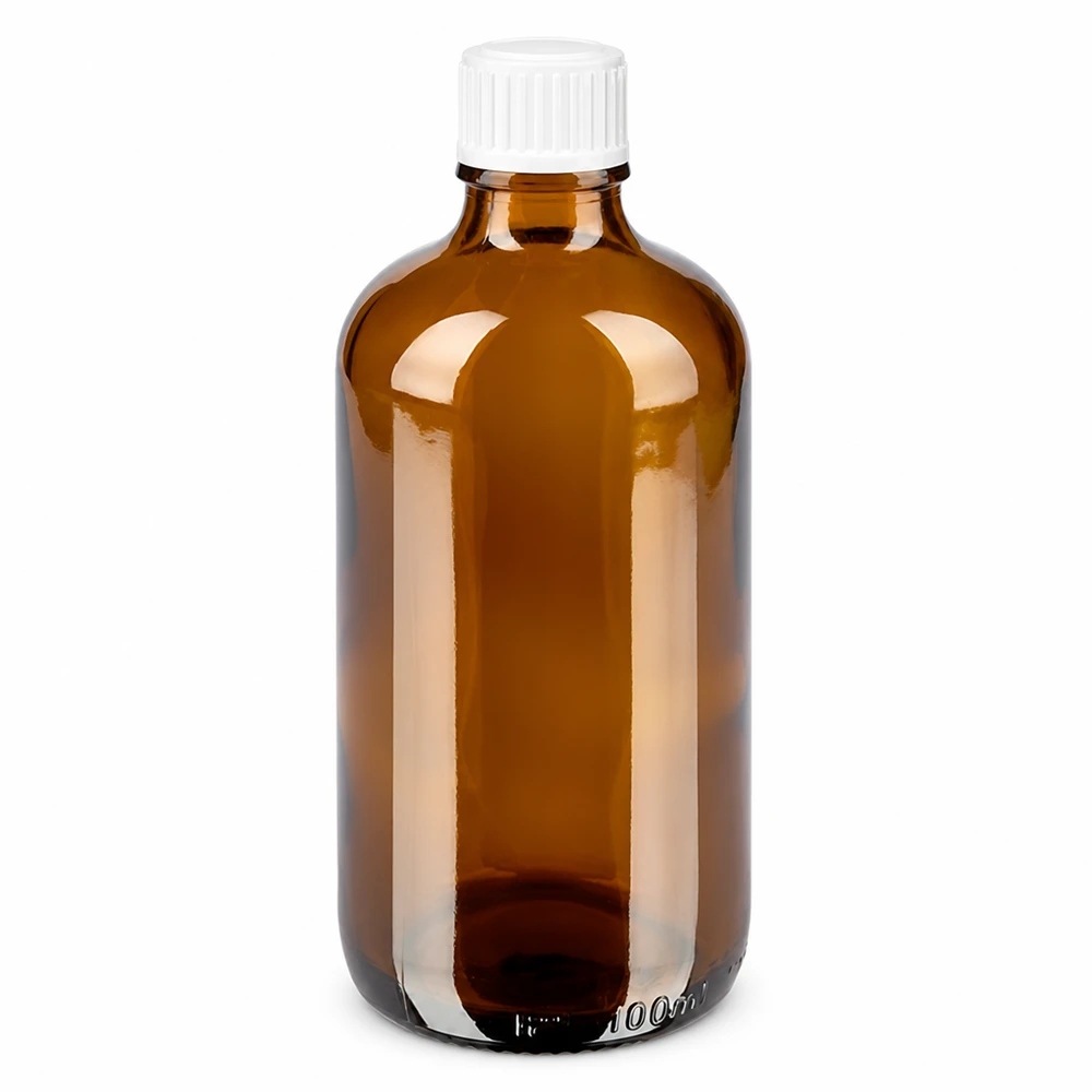 Bruine glazen fles 100ml met wit schroefsluiting St Kleine medicijnfles van 100 ml van bruin glas met een witte dop van 11 mm