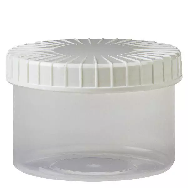 Kunststof pot 250ml transparant met geribbeld wit schroefdeksel van PE, type sluiting standaard