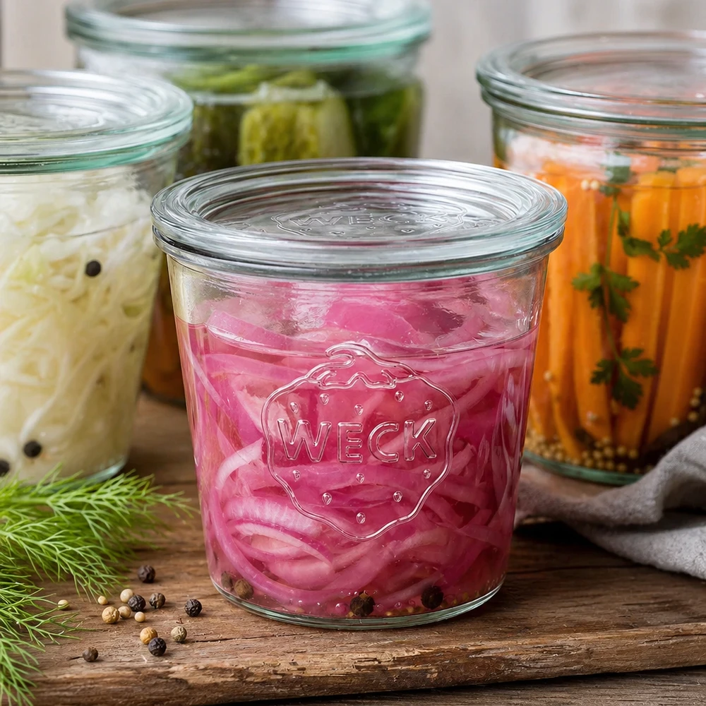 WECK 580 ml glazen pot gevuld met ingemaakte groenten en kruiden voor fermentatie Voorbeeld naast dille