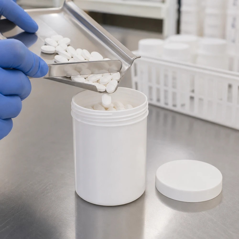 Het afvullen van geneesmiddelen in witte potten van 250 g met een PP-schroefdeksel in een farmaceutische omgeving