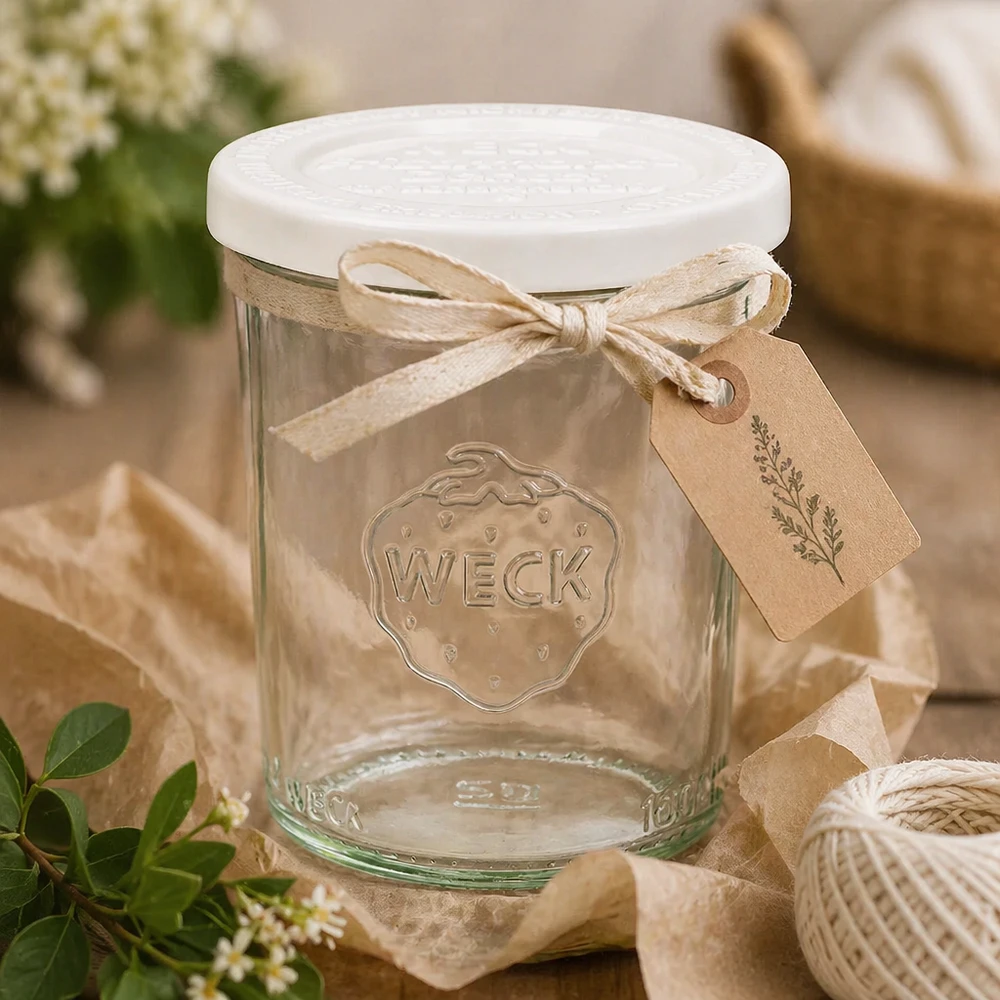 WECK RR60-pot van 160 ml met vershouddeksel WECK Sturzglas 160ml mit Dekobändchen und Anhänger - rustikale Geschenkverpackung für selbstgemachte Marmelade