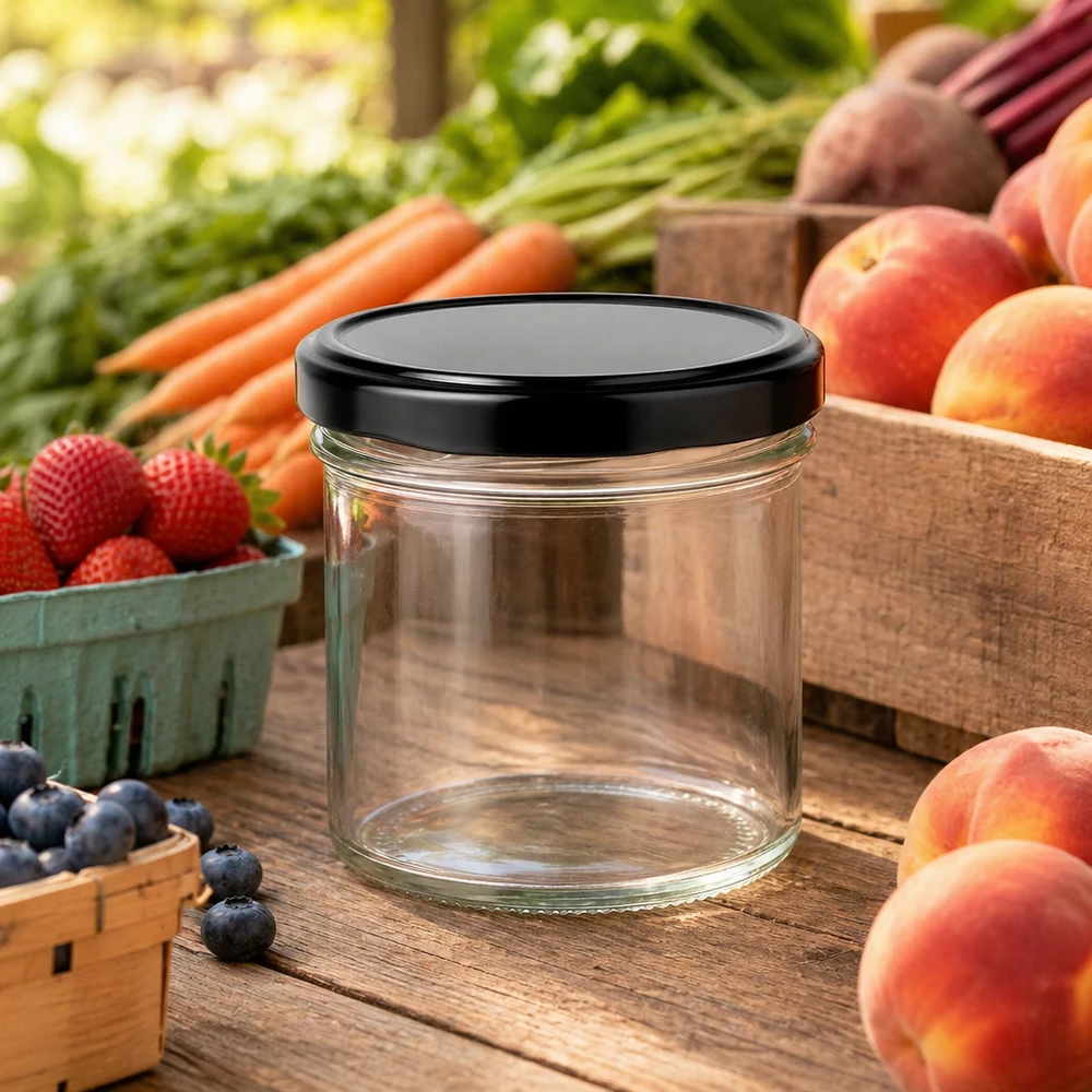 125 ml bekers met zwart deksel tussen vers fruit en groenten op een houten tafel Marktkraampjesfeer