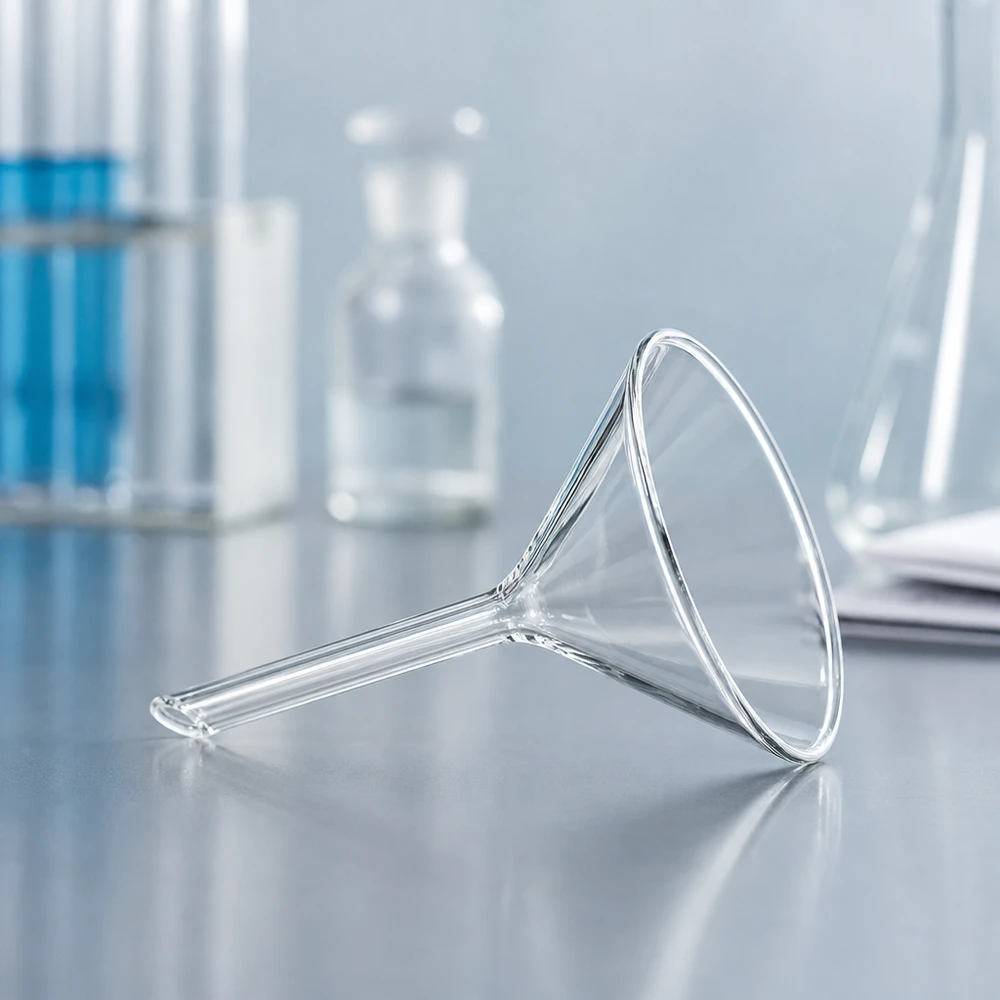 Transparante laboratoriumtrechter van robuust natronkalkglas met een compact ontwerp voor eenvoudig hanteren