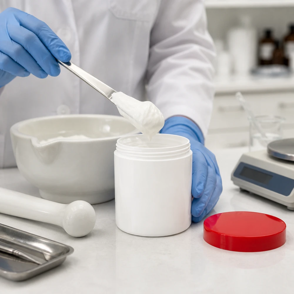 Een kruik met brede hals (300 g, wit, met rode deksel) vullen met medische zalf