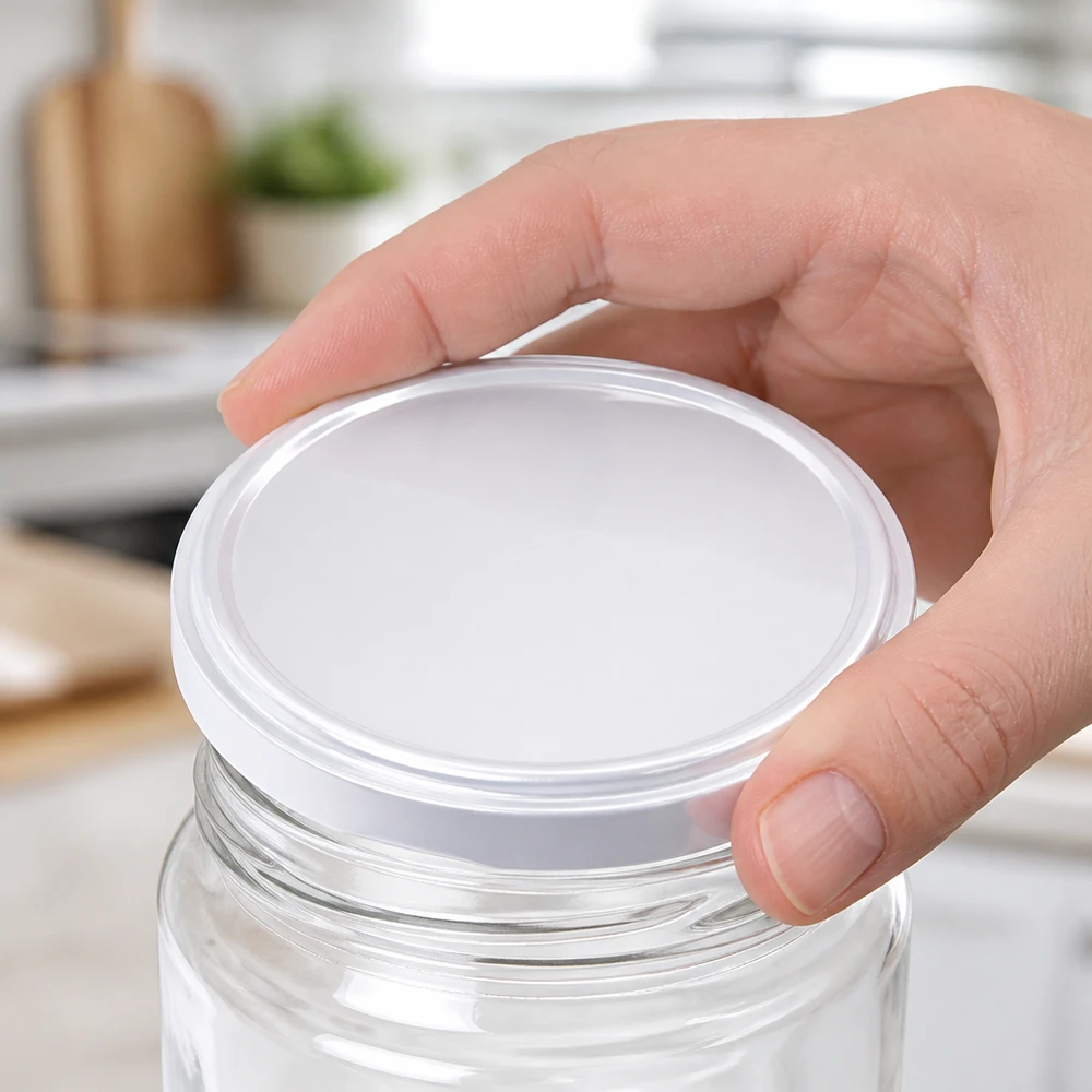 Witte TO82-afsluitdop UNiTWIST 82 mm met brede rand, geplaatst op een glazen pot