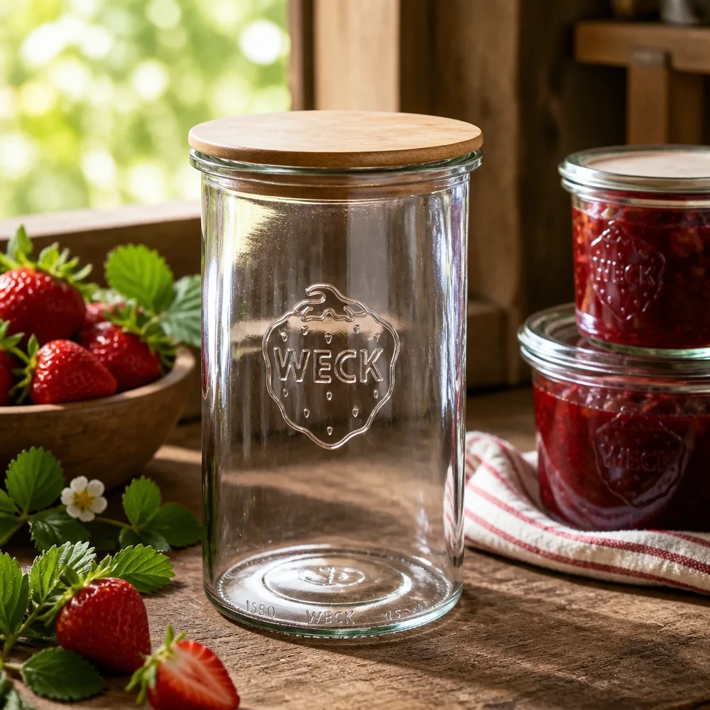 1000ml stortglas WECK RR100 met hout deksel WECK voorraadpot 1000ml met houten deksel in een rustieke keuken naast zelfgemaakte aardbeienjam en verse aardbeien