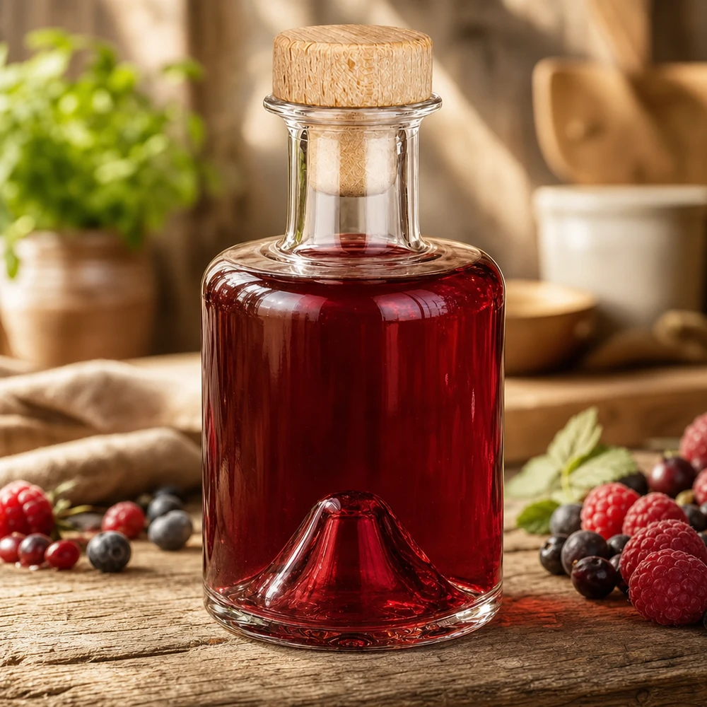 200 ml apothekersfles Sofia met houten handvat en kurk UNiTWIST® 200 ml Sofia glazen fles met houten kurk gevuld met bessenlikeur met frambozen en bosbessen in een rustieke keukenomgeving
