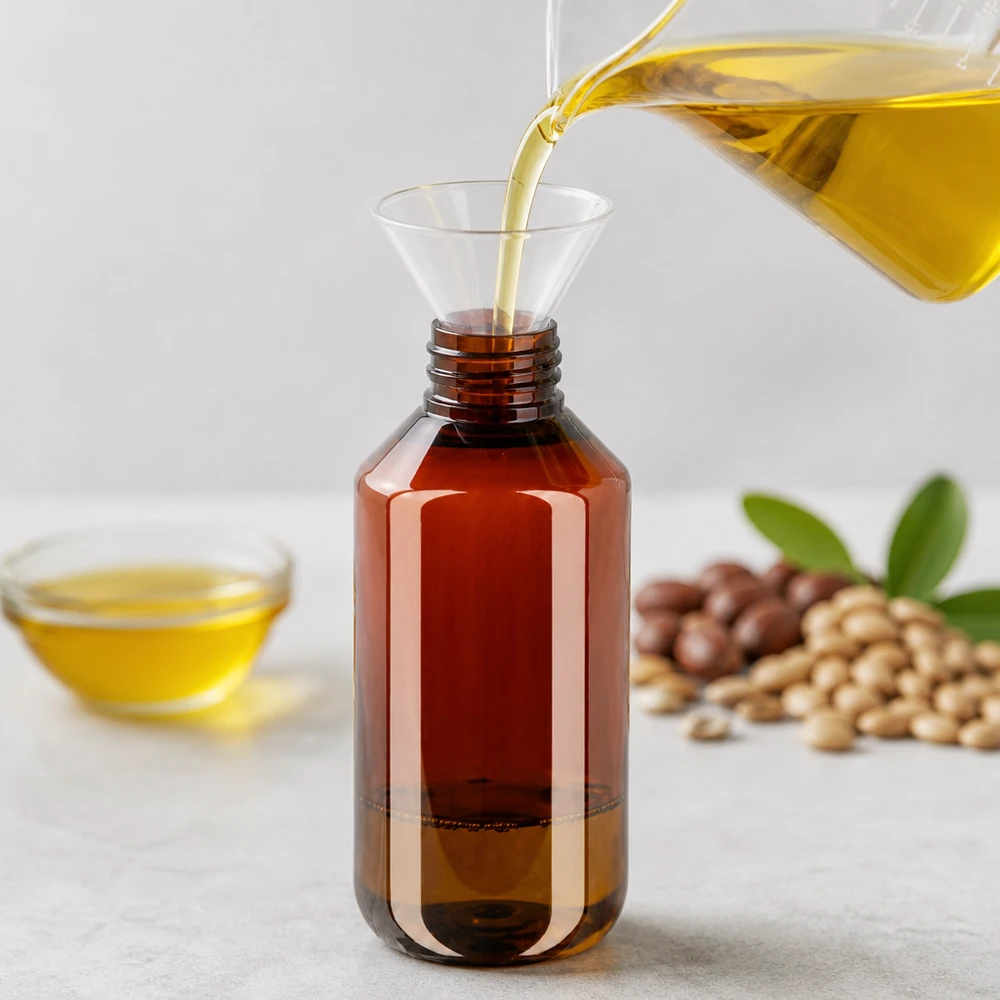 PET-fles 100ml met witte flip-top dop. Amberkleurig cosmeticaflesje van 100 ml, gevuld met goudkleurige plantaardige olie