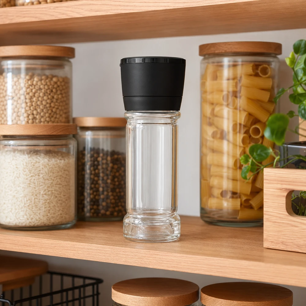 Zout-/kruidenpotje 100 ml met molen Vario zwart Kruidenpotje van 100 ml met zwarte Vario-molen op een houten plank tussen potjes met rijst en pasta