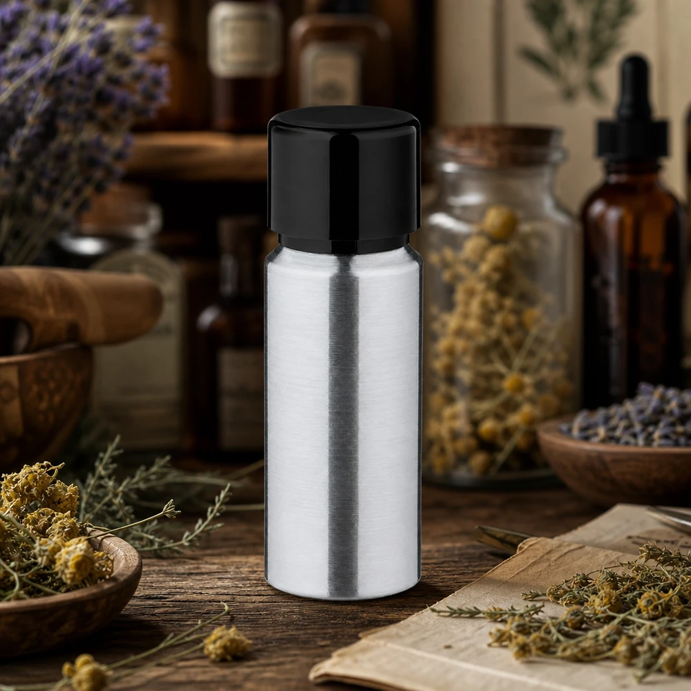 Lichtgewicht aluminium flesje van 20 ml met een elegante uitstraling, perfect voor handgemaakte cosmetische producten
