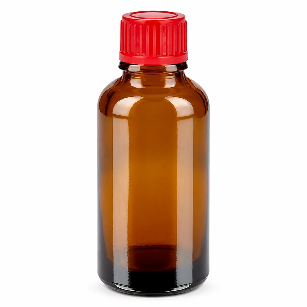 Compact amberkleurig glazen flesje van 30 ml met helderrode schroefdop voor laboratorium- en praktijkgebruik