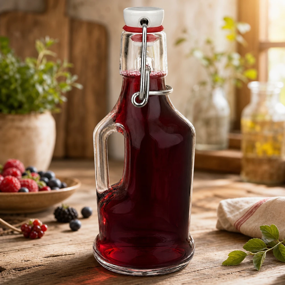 Glazen fles Bertha 200ml gevuld met rode bessensap, draaidop gesloten, rustieke keuken met bessen