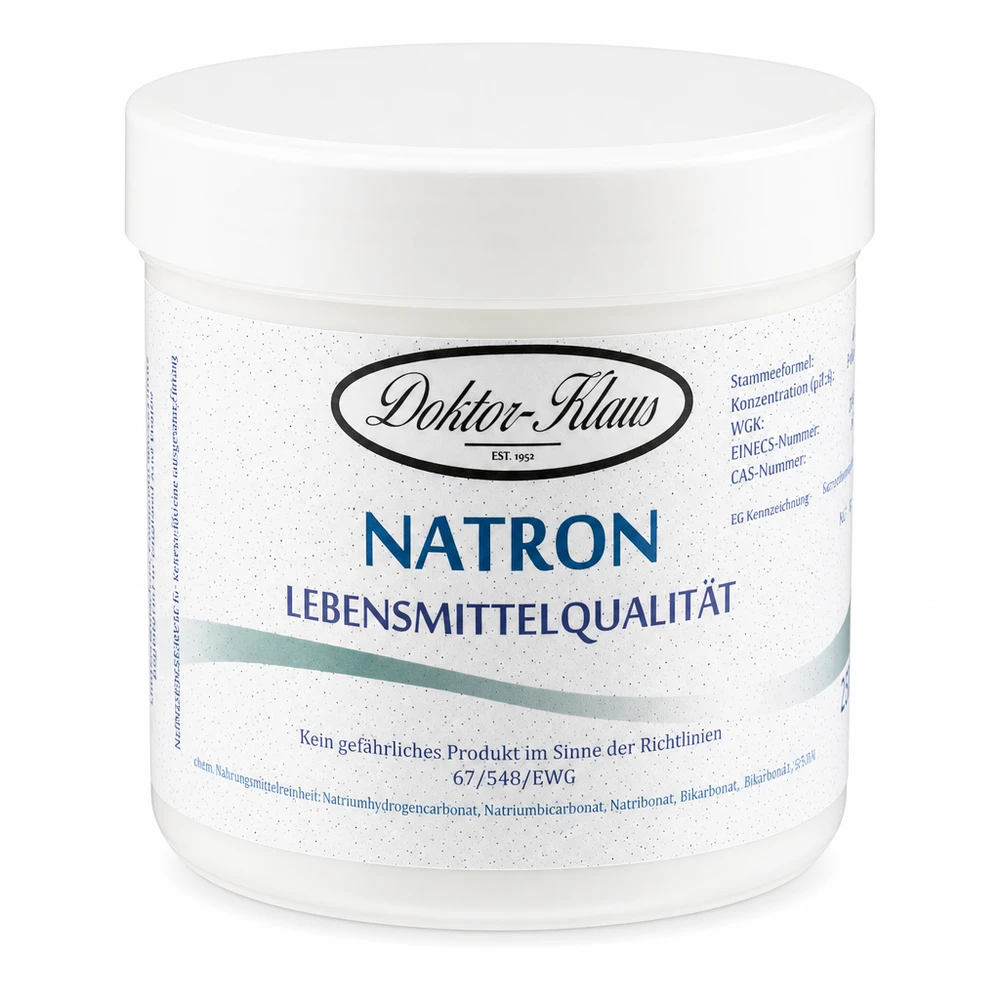 Doktor-Klaus Natron, 250g in witte pot, levensmiddelenkwaliteit 250g Doctor Klaus zuiveringszout in een wit blik - geschikt voor keuken en huishouden