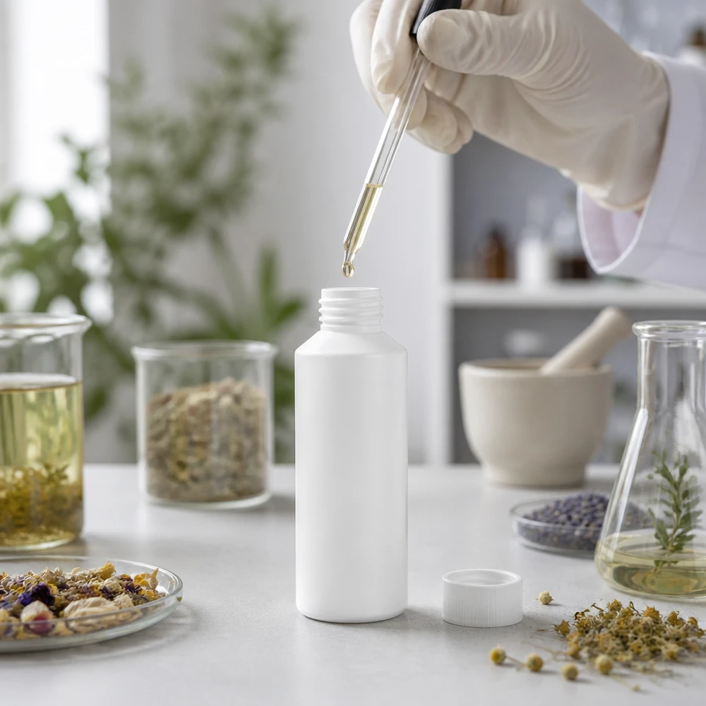 Witte HDPE-fles van 100 ml zonder dop, omringd door gedroogde bloemen en glazen potten