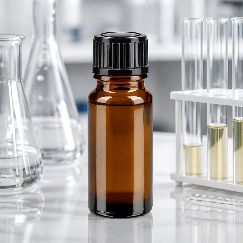 Compacte apothekersfles van 10 ml van bruin glas met een standaarddop van 11 mm voor farmaceutische toepassingen