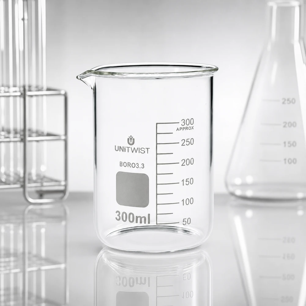 Beker 300ml borosilicaat, lage vorm UNiTWIST Professioneel bekerglas van 300 ml, laag model, van helder glas en met schenktuit, voor gebruik in het laboratorium