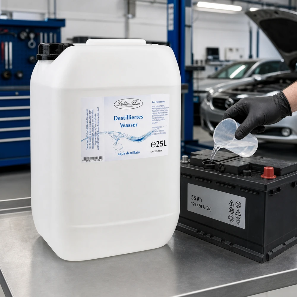Doktor-Klaus 25 liter gedestilleerd water wordt gebruikt in autowerkplaatsen voor accuverzorging en voertuigonderhoud