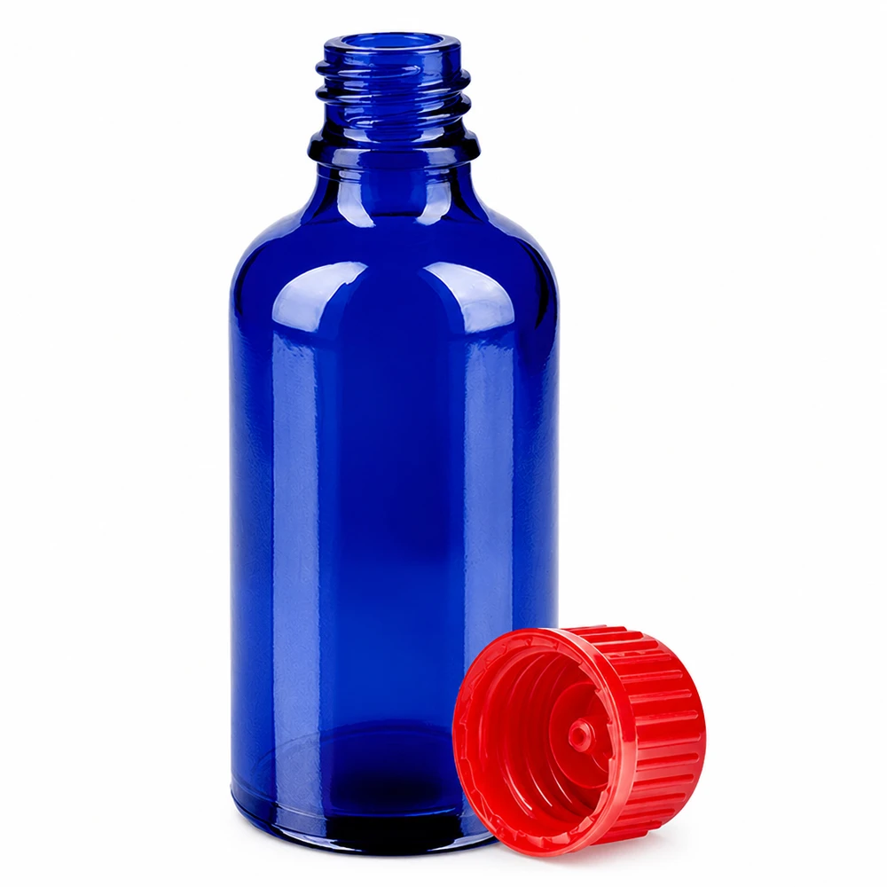 50ml fles 11mm SV rood STD BlueLine UT18/50 Handig flesje van 50 ml met smalle hals en rode plastic dop voor druppelsgewijs aanbrengen