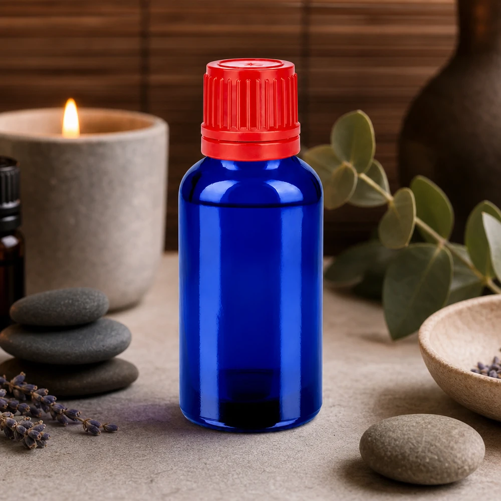 Ergonomisch glazen flesje van 30 ml met rode antislipschroefdop voor veilig gebruik