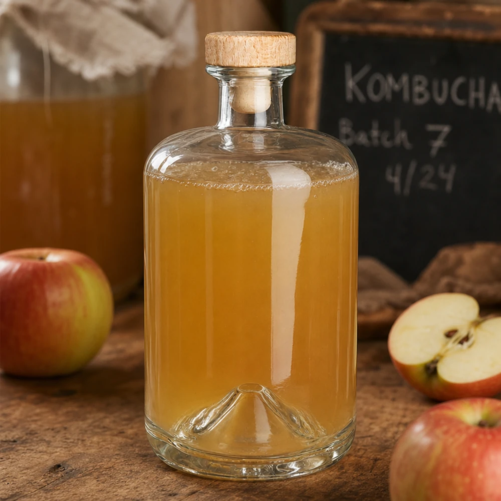 700 ml apothekersfles Sofia met houten handgreep en kurk UNiTWIST® 700ml Sofia glazen fles met houten kurk gevuld met appelsap naast verse appels en Kombucha bar