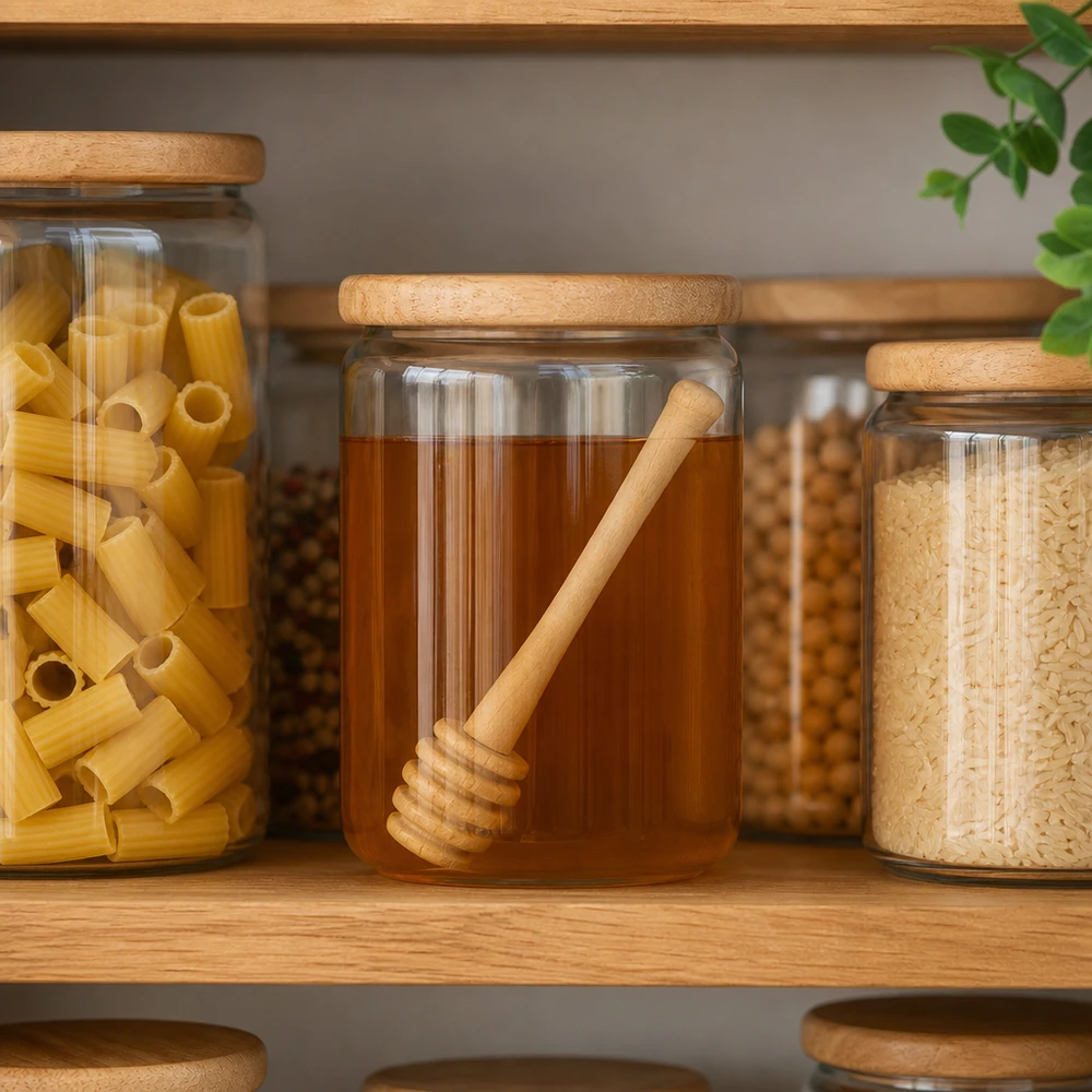 Honinglepel van esdoornhout in voorraadpot tussen pasta en rijst toont veelzijdige keukenorganisatie