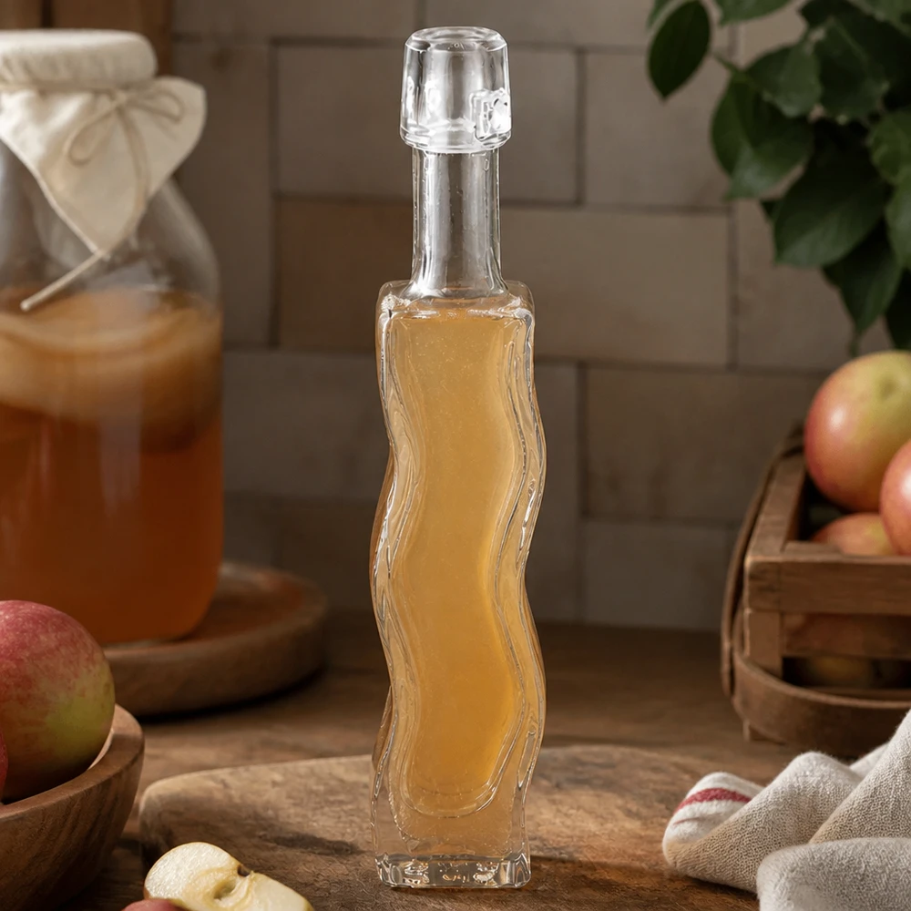 40 ml glazen fles Fila zonder beugel UNiTWIST® 40ml glazen fles Anna gevuld met appelciderazijn rustieke keuken houten plank verse appels natuurlijke ingrediënten vinaigrette