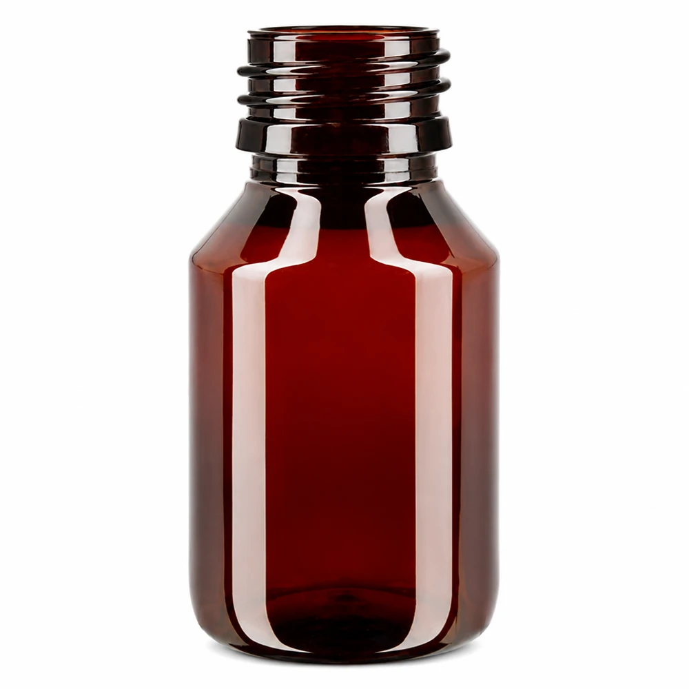 PET-fles 50ml PP28 zonder dop Lege, amberkleurige PET-fles met brede PP28-schroefdraad, inhoud 50 milliliter