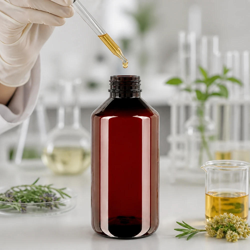 Grote fles van 1 liter, bruin, gemaakt van stevig PET-plastic met een veilige klapsluiting