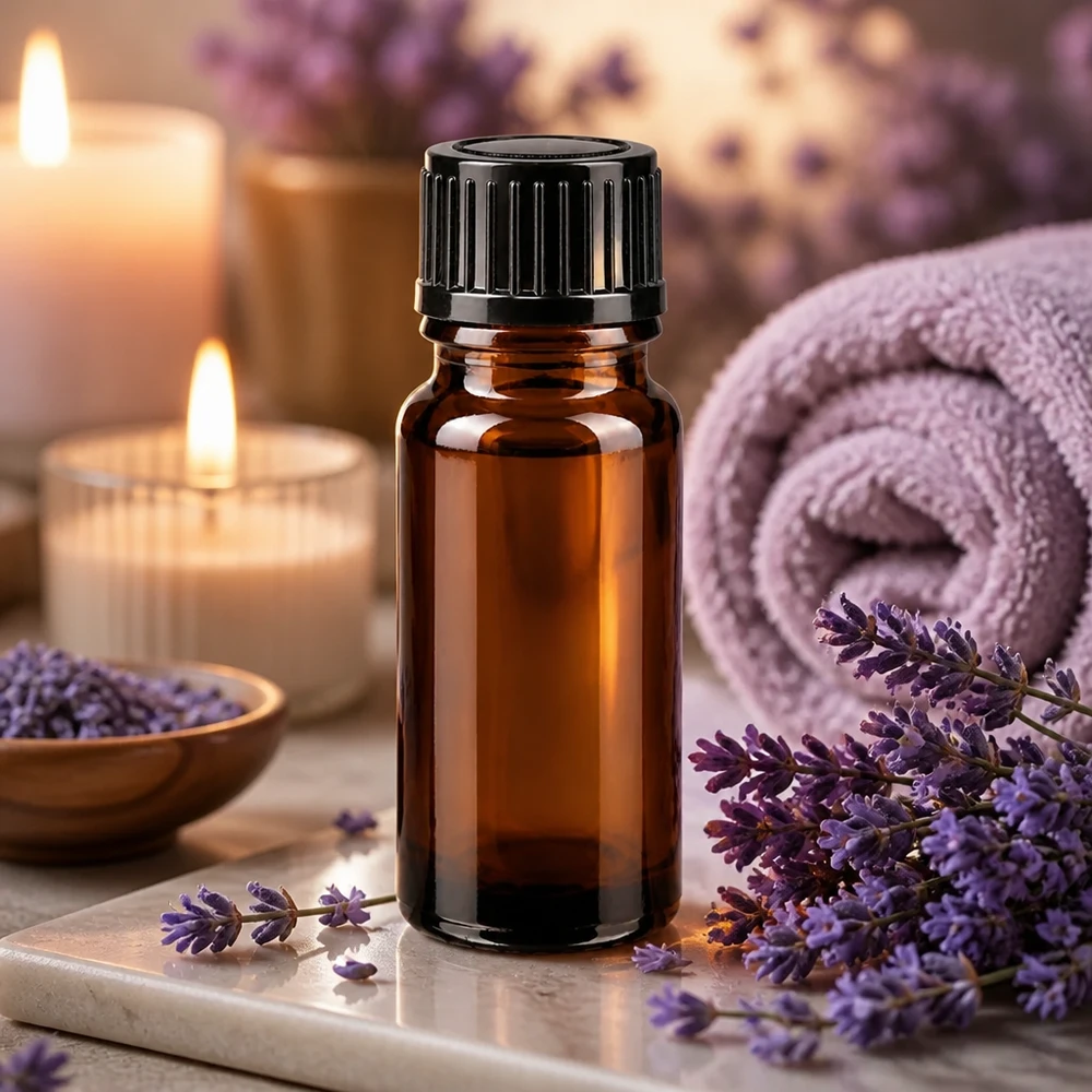 Compacte bruine glazen fles van 10 ml met zwarte STD-druppelaar in een spa- en wellnessomgeving