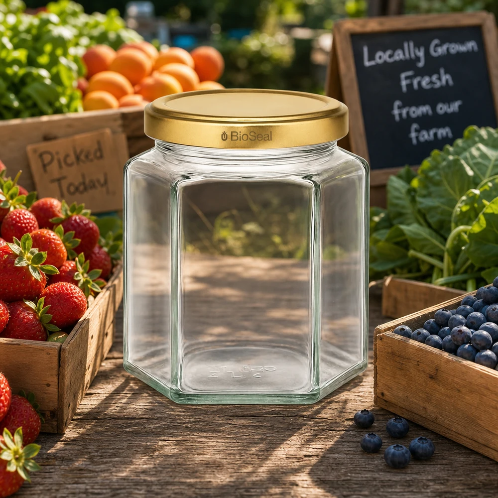 UNiTWIST Hexa390 lege glazen pot met gouden BioSeal deksel op boerenmarkt tussen verse groenten en fruit