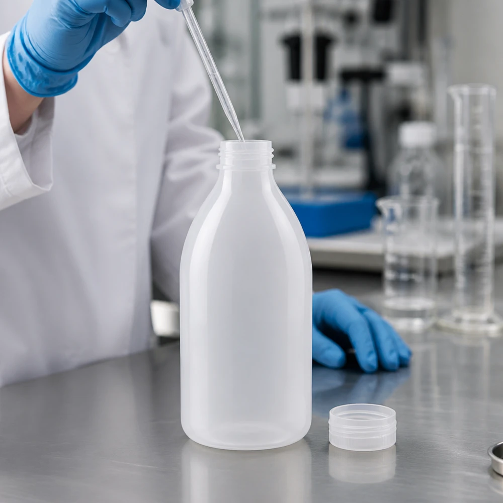 Melkachtig witte laboratoriumfles van 500 ml met smalle hals, zonder dop, met een losse schroefdop