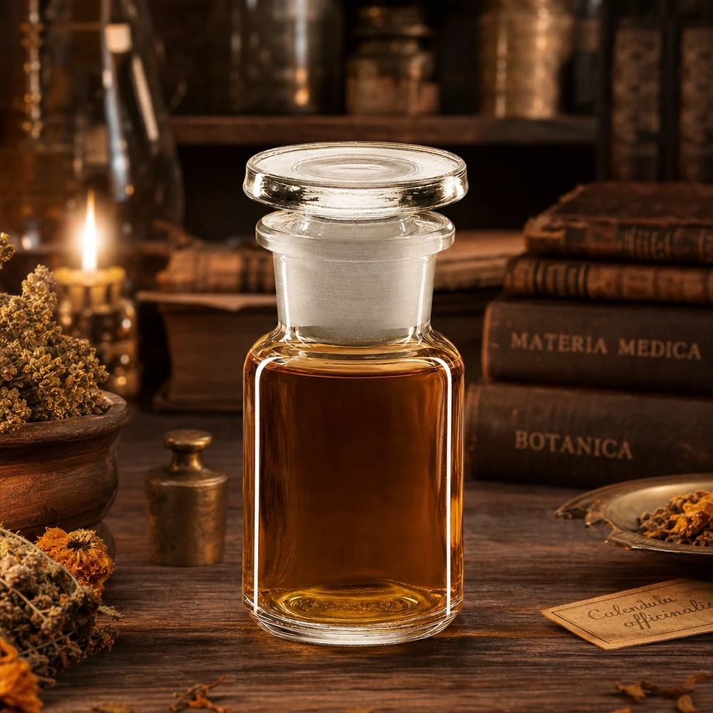Kleine fles van helder glas van 50 ml met brede hals en glazen stop in een historische apothekersomgeving