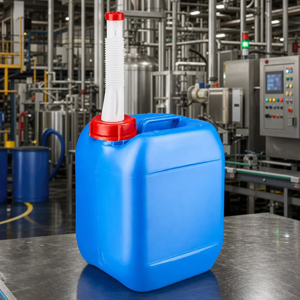 Rechthoekige blauwe jerrycan van 5 liter met geribbelde uitloop voor nauwkeurige dosering