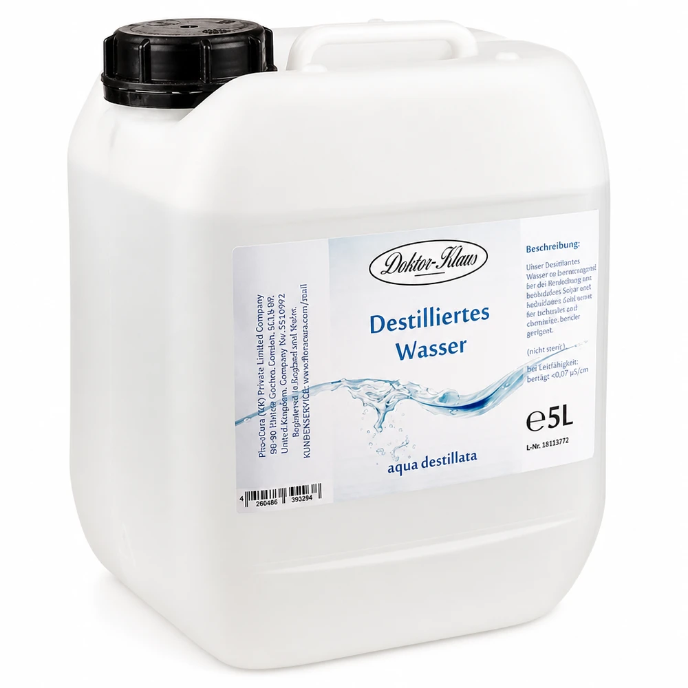 5 liter gedestilleerd water - Aqua dest in blanke premium jerrycan van Doktor Klaus 5 liter Doctor Claus gedestilleerd water in witte kunststof bus met zwarte schroefdop