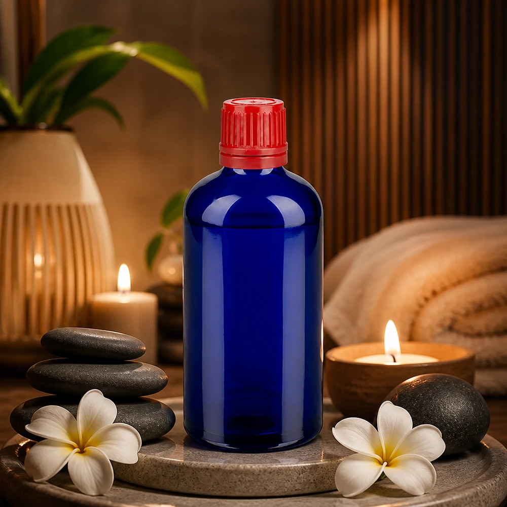 Lichtbeschermingsfles 100ml in elegant kobaltblauw met rode dop voor lichtgevoelige stoffen