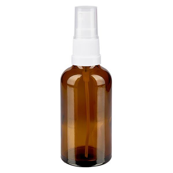 Bruin glazen flessen 50ml met wit pompverstuiver Bruin glazen flessen 50ml met wit pompverstuiver