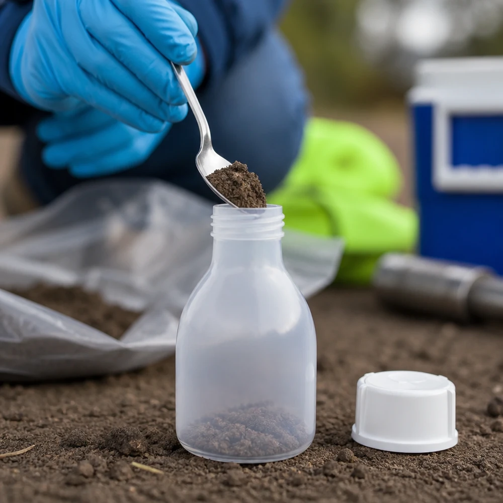 Nauwe hals laboratoriumfles 20ml met schroefsluiting Close-up van een PE-schroeffles van 20 ml met smalle hals, een doorzichtige behuizing en een aparte schroefdop