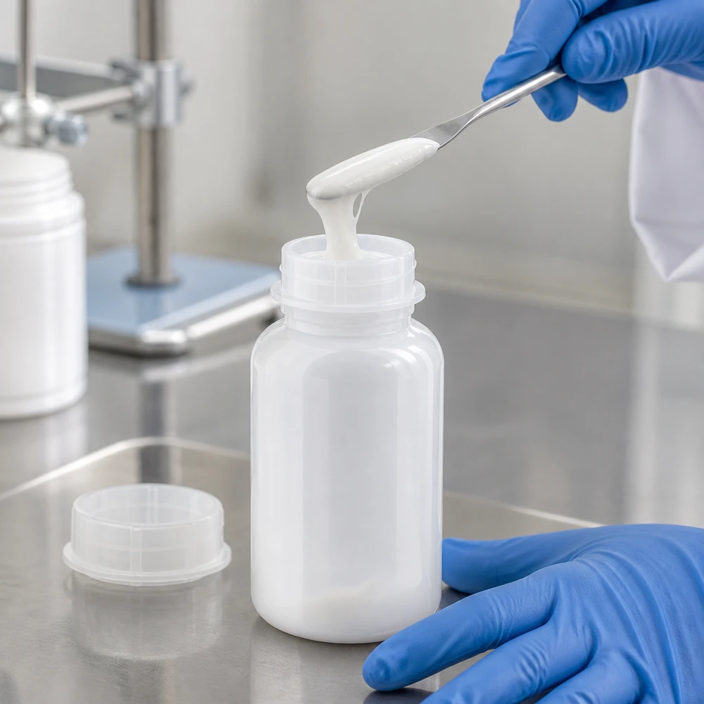 Wijde hals laboratoriumfles 500ml met sluiting Präzise Dosierung halbfester Substanz in geöffnete 500ml Weithalsflasche im Reinraumlabor