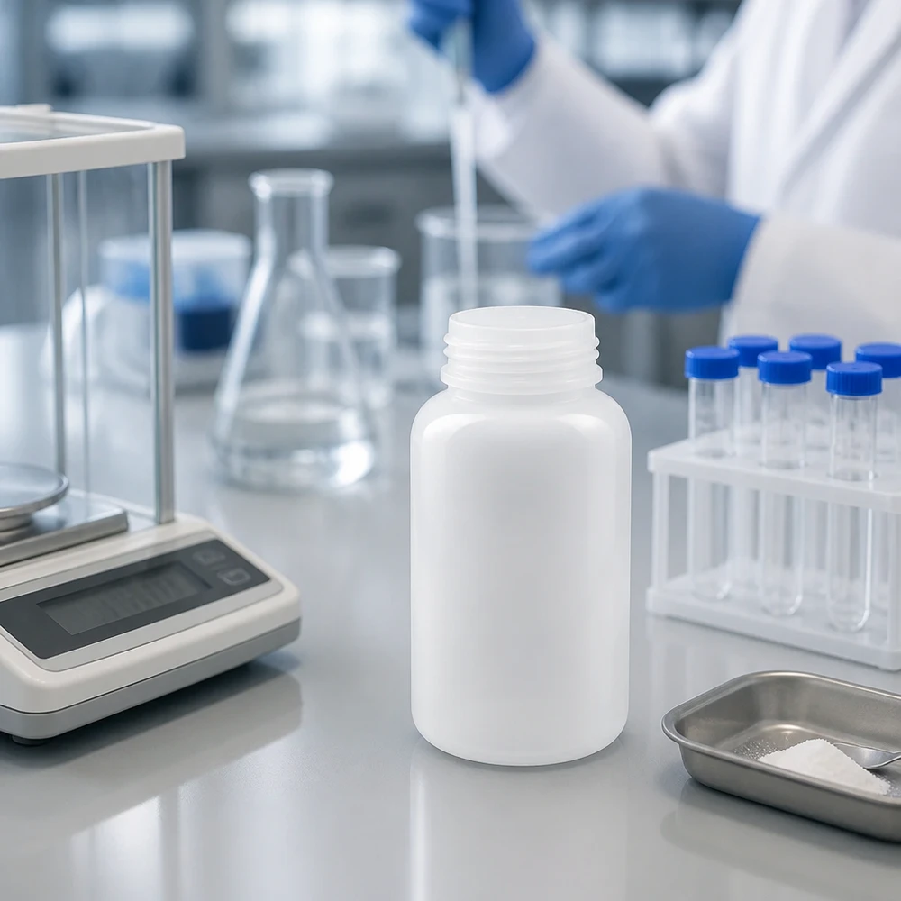Wijde hals laboratoriumfles 500ml zonder sluiting Laboratoriumfles van 500 ml met brede hals en compact ontwerp, vervaardigd uit voedselveilige kunststof voor het bewaren van monsters