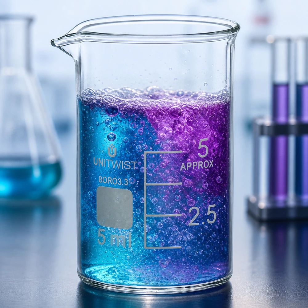UNiTWIST microbekerglas 5 ml, borosilicaatglas, met bruisende oplossing en schaalverdeling APPROX